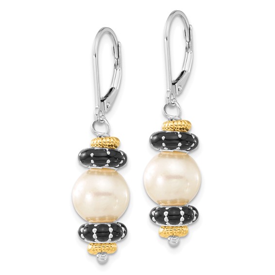 Sterling Silver w/14k Accent Polished Black Enamel & Freshwater Cultured Pearl Leverback Dangle Earrings