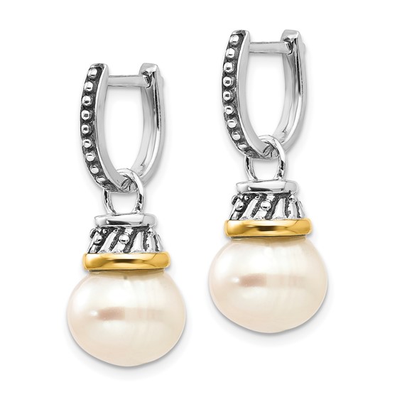 Shey Couture Sterling Silver with 14K Accent Antiqued 10mm Freshwater Cultured Pearl Hinged Hoop Dangle Earrings