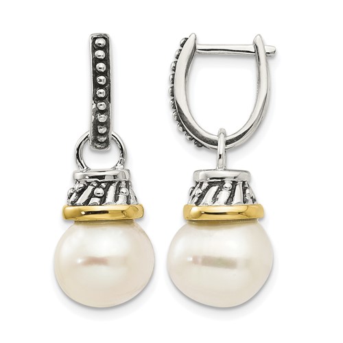 Shey Couture Sterling Silver Earrings with 14K Accent Antiqued 10mm Freshwater Cultured Pearl Hinged Hoop Dangle