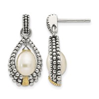 Shey Couture Sterling Silver with 14K Accent Antiqued 7x5mm Freshwater Cultured Pearl Post Drop Earrings view 1
