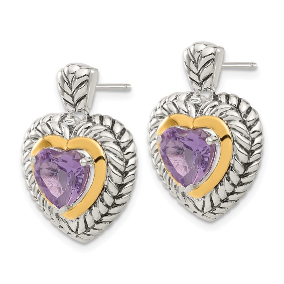 Sterling Silver w/14k Accent Antiqued Amethyst Heart Earrings