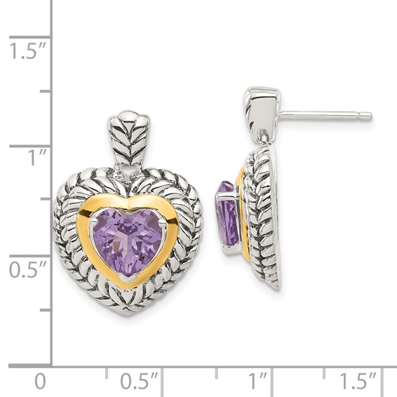 Sterling Silver w/14k Accent Antiqued Amethyst Heart Earrings