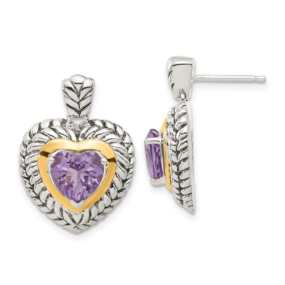 Sterling Silver w/14k Accent Antiqued Amethyst Heart Earrings