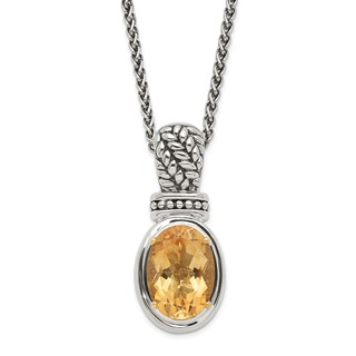 Sterling Silver Polished & Antiqued Oval Citrine Necklace
