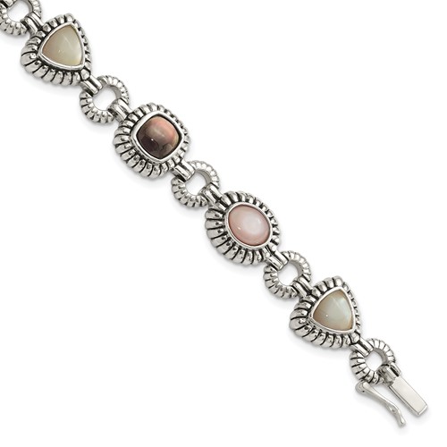 Shey Couture Sterling Silver Antiqued Pink Black White Mother of Pearl Bracelet, 7.75"