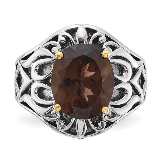 Sterling Silver w/14k Accent Antiqued Smoky Quartz Ring