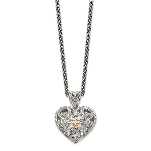 Shey Couture Sterling Silver Antiqued Necklace with 14K Accent Diamond Vintage Heart, 18"