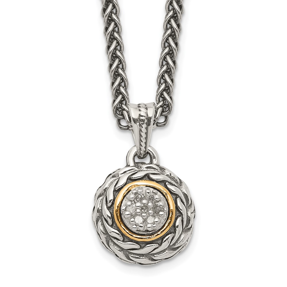 Shey Couture Sterling Silver Antiqued Necklace with 14K Accent Diamond Round Pendant, 18"