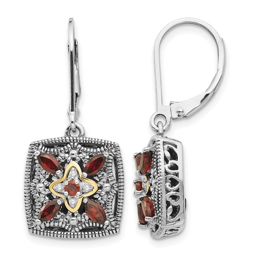 Shey Couture Sterling Silver Earrings with 14K Accent Antiqued Diamond and Marquise Garnet Leverback