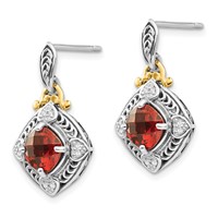 Shey Couture Sterling Silver Earrings with 14K Accent Antiqued Diamond and Cushion Garnet Post Dangle view 2