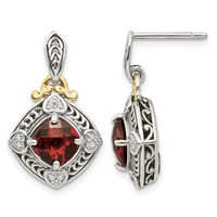 Shey Couture Sterling Silver Earrings with 14K Accent Antiqued Diamond and Cushion Garnet Post Dangle view 1