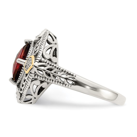 Shey Couture Sterling Silver with 14K Accent Antiqued Diamond and Checkerboard Cushion Garnet Ring