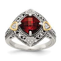 Shey Couture Sterling Silver Ring with 14K Accent Antiqued Diamond and Checkerboard Cushion Garnet view 1