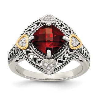 Shey Couture Sterling Silver with 14K Accent Antiqued Diamond and Checkerboard Cushion Garnet Ring