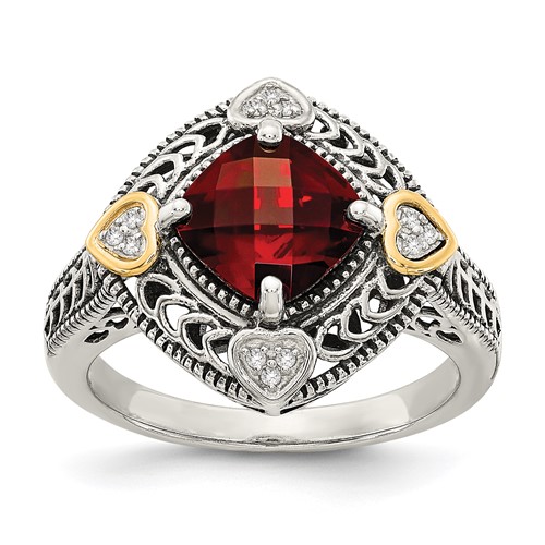 Shey Couture Sterling Silver Ring with 14K Accent Antiqued Diamond and Checkerboard Cushion Garnet