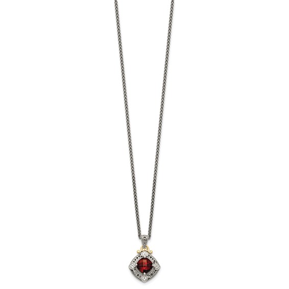 Shey Couture Sterling Silver with 14K Accent 18 Inch Antiqued Diamond and Cushion Checkerboard Garnet Necklace