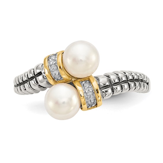 Shey Couture Sterling Silver with 14K Accent Antiqued 5.5-6mm Freshwater Cultured Pearl and Diamond By-Pass Ring