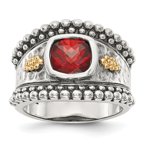 Shey Couture Sterling Silver Ring with 14K Accent Antiqued Cushion Bezel Garnet