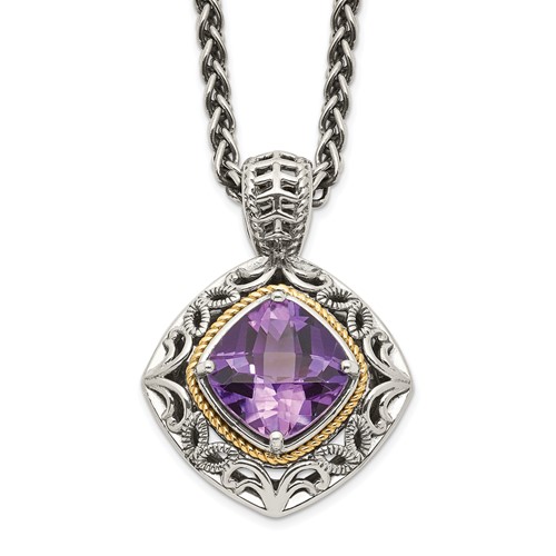 Shey Couture Sterling Silver Necklace with 14K Accent Antiqued Cushion Amethyst, 18"
