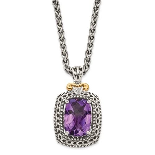 Shey Couture Sterling Silver Necklace with 14K Accent Antiqued Checkerboard-cut Cushion Amethyst and Diamond - 18in