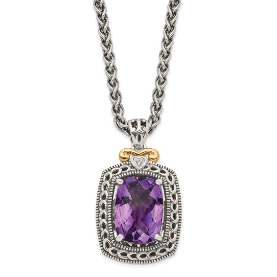 Shey Couture Sterling Silver with 14K Accent 18 Inch Antiqued Checkerboard-cut Cushion Amethyst and Diamond Necklace