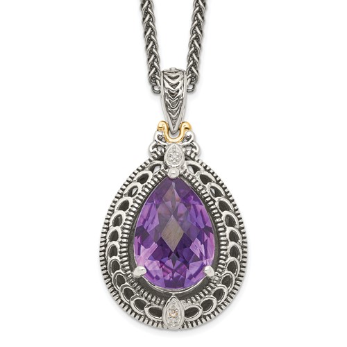 Shey Couture Sterling Silver Necklace with 14K Accent Antiqued Diamond and Pear Shaped Amethyst, 18"