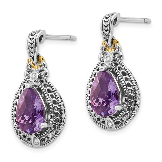 Shey Couture Sterling Silver with 14K Accent Antiqued Diamond and Pear Shaped Amethyst Earrings