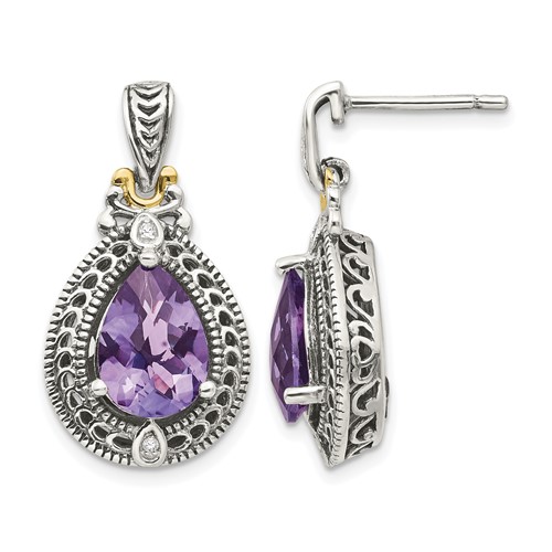 Shey Couture Sterling Silver Earrings with 14K Accent Antiqued Diamond and Pear Shaped Amethyst
