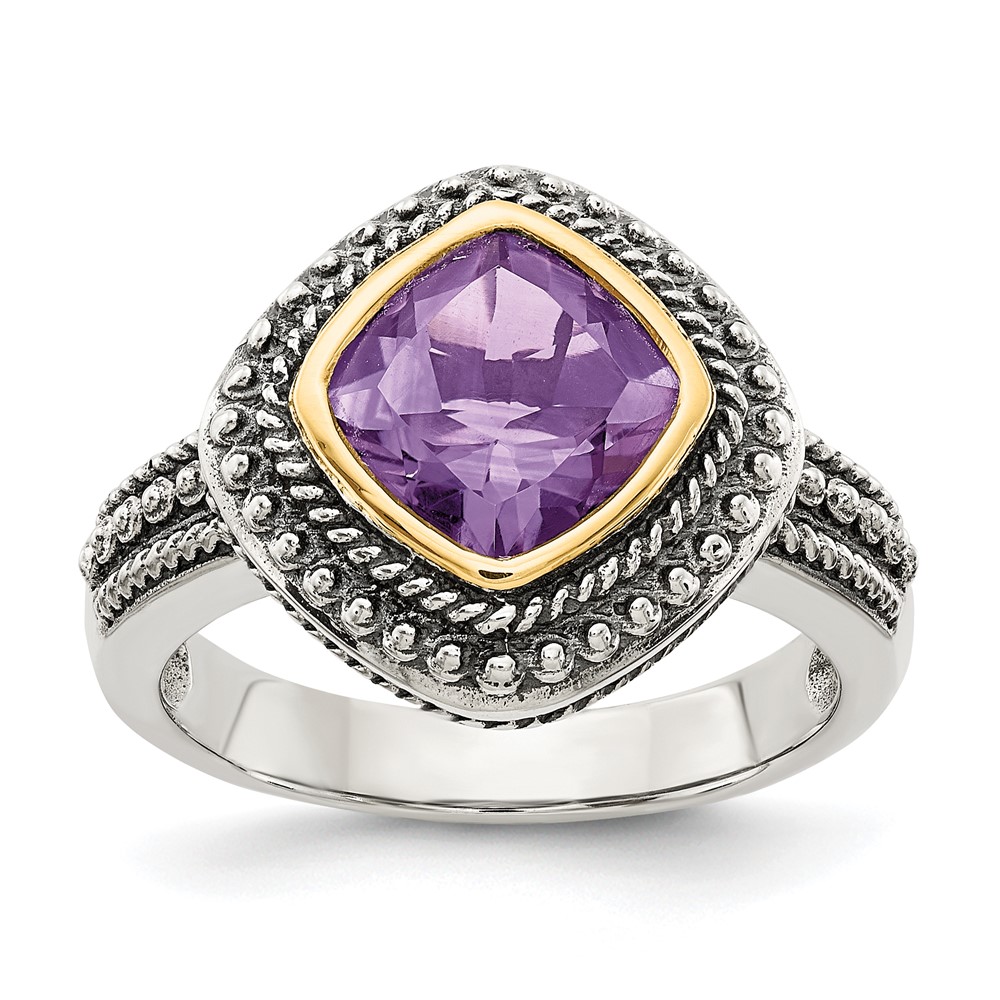 Shey Couture Sterling Silver Ring with 14K Accent Antiqued Cushion Bezel Amethyst