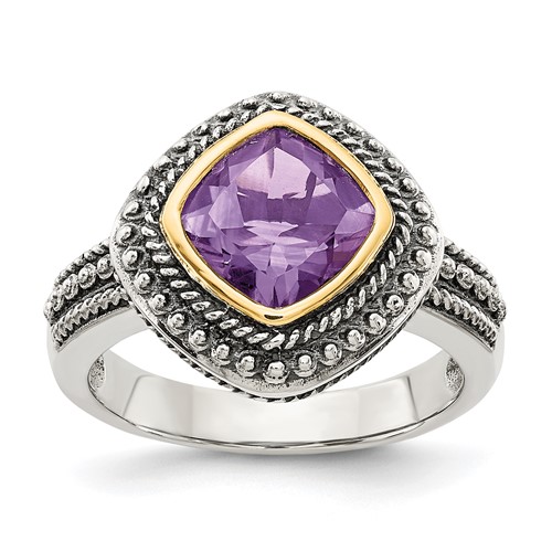 Shey Couture Sterling Silver Ring with 14K Accent Antiqued Cushion Bezel Amethyst