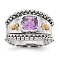 Shey Couture Sterling Silver Ring with 14K Accent Antiqued Checkerboard-cut Cushion Bezel Amethyst view 1