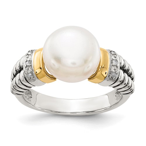 Shey Couture Sterling Silver Ring with 14K Accent Antiqued Diamond and 9.5-10mm Freshwater Cultured Pearl