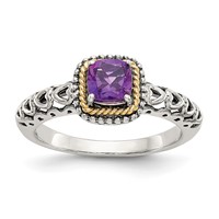 Shey Couture Sterling Silver with 14K Accent Antiqued Cushion Amethyst Ring view 1