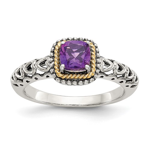 Shey Couture Sterling Silver Ring with 14K Accent Antiqued Cushion Amethyst