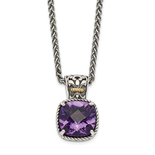 Shey Couture Sterling Silver Necklace with 14K Accent Antiqued Cushion Checkerboard Amethyst, 18"
