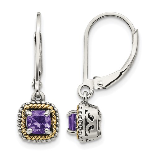 Shey Couture Sterling Silver Earrings with 14K Accent Antiqued Cushion Amethyst Leverback Dangle