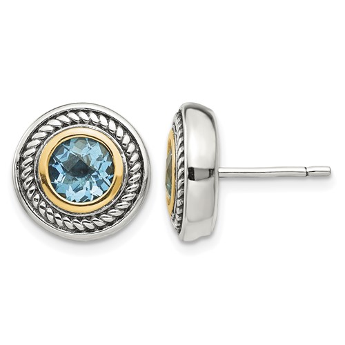 Shey Couture Sterling Silver Earrings with 14K Accent Antiqued Round Blue Topaz Post