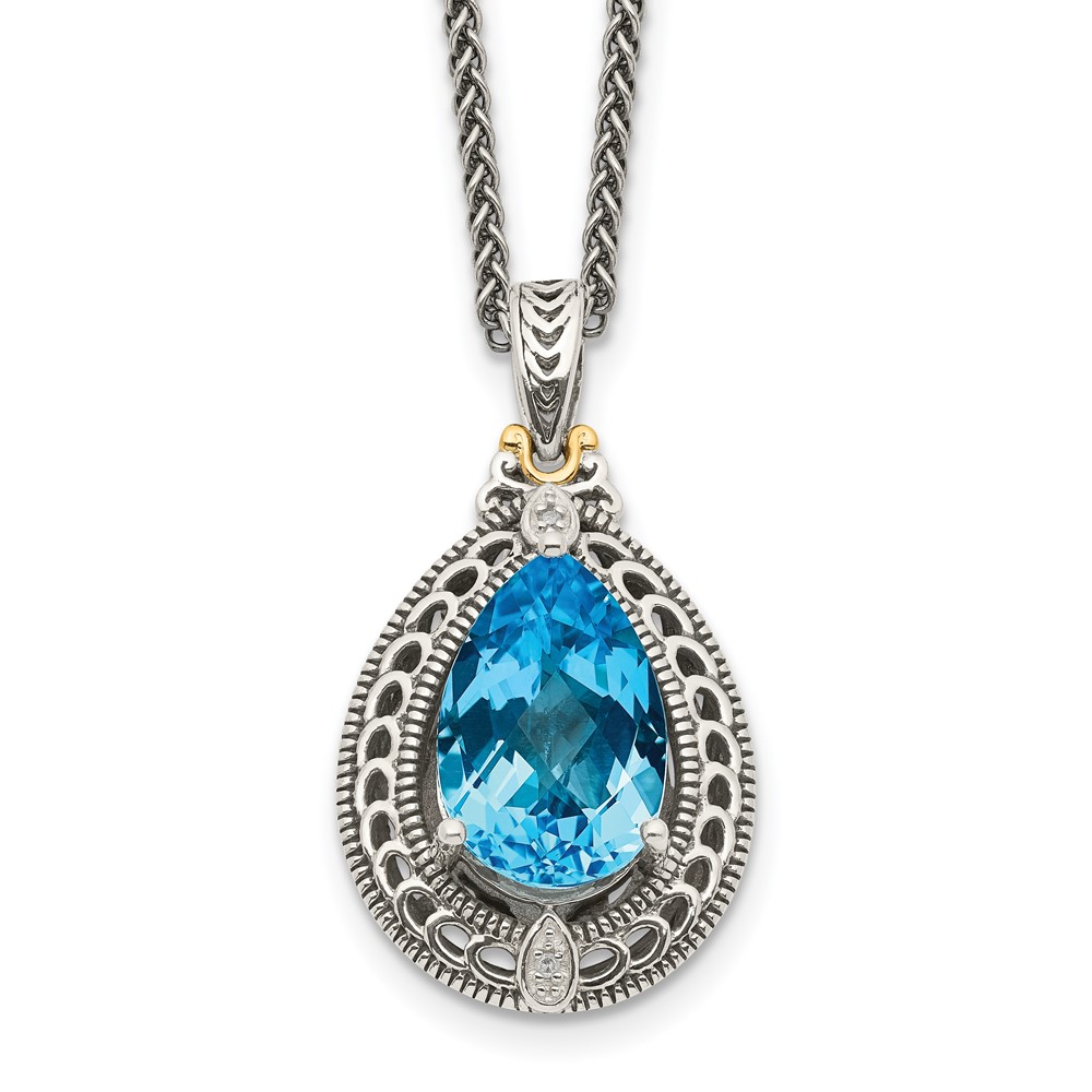Shey Couture Sterling Silver Necklace with 14K Accent Antiqued Diamond and Pear Shaped Blue Topaz, 18"
