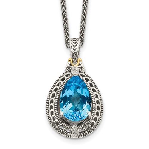 Shey Couture Sterling Silver Necklace with 14K Accent Antiqued Diamond and Pear Shaped Blue Topaz, 18"
