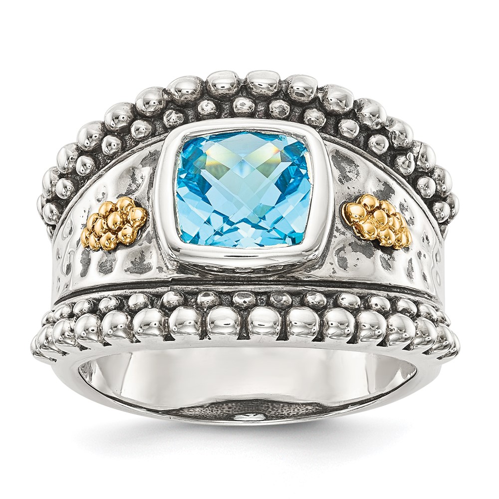 Shey Couture Sterling Silver Ring with 14K Accent Antiqued Checkerboard Bezel Blue Topaz