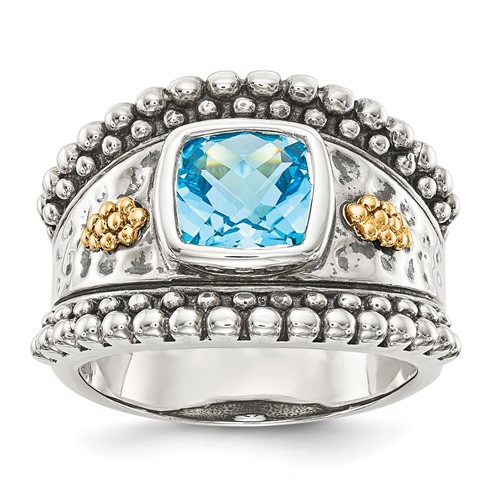 Shey Couture Sterling Silver Ring with 14K Accent Antiqued Checkerboard Bezel Blue Topaz