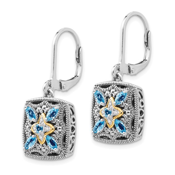 Shey Couture Sterling Silver with 14K Accent Antiqued Diamond and Marquise Blue Topaz Leverback Earrings