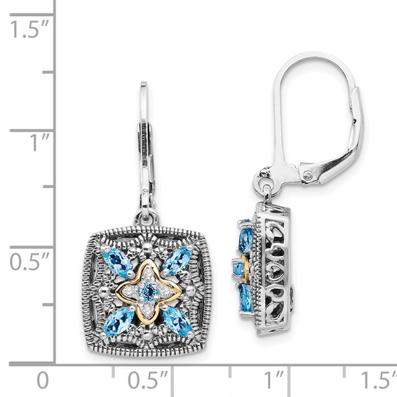 Shey Couture Sterling Silver with 14K Accent Antiqued Diamond and Marquise Blue Topaz Leverback Earrings