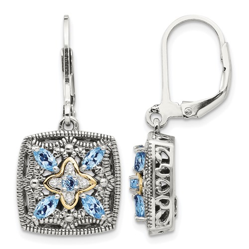 Shey Couture Sterling Silver Earrings with 14K Accent Antiqued Diamond and Marquise Blue Topaz Leverback