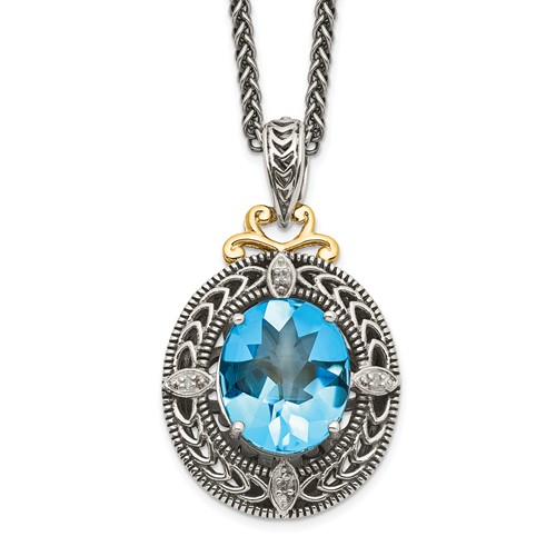 Shey Couture Sterling Silver Necklace with 14K Accent Antiqued Diamond and Oval Blue Topaz, 18"