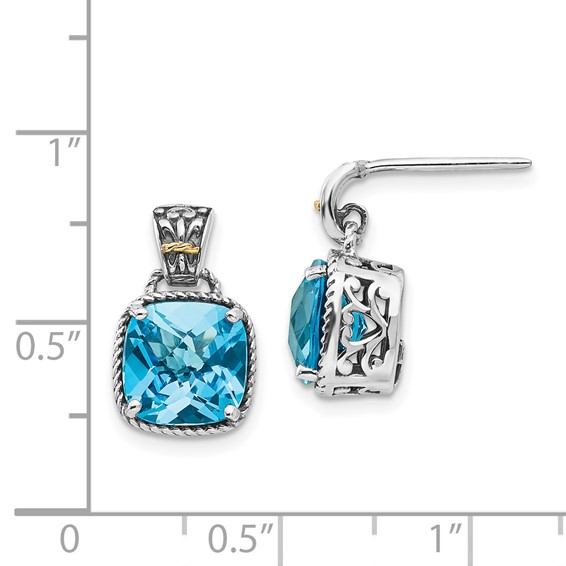 Shey Couture Sterling Silver with 14K Accent Antiqued Cushion Blue Topaz Post Dangle Earrings