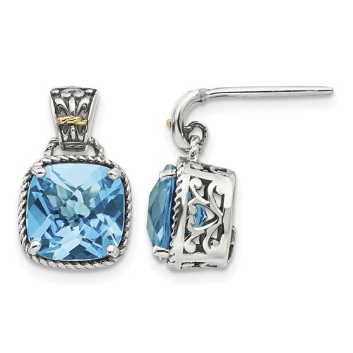 Shey Couture Sterling Silver Earrings with 14K Accent Antiqued Cushion Blue Topaz Post Dangle