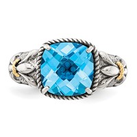 Shey Couture Sterling Silver Ring with 14K Accent Antiqued Cushion Checkerboard Blue Topaz view 5