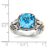 Shey Couture Sterling Silver Ring with 14K Accent Antiqued Cushion Checkerboard Blue Topaz view 4