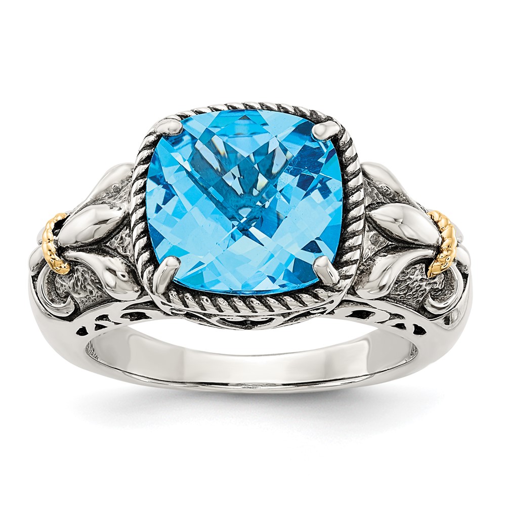Shey Couture Sterling Silver Ring with 14K Accent Antiqued Cushion Checkerboard Blue Topaz